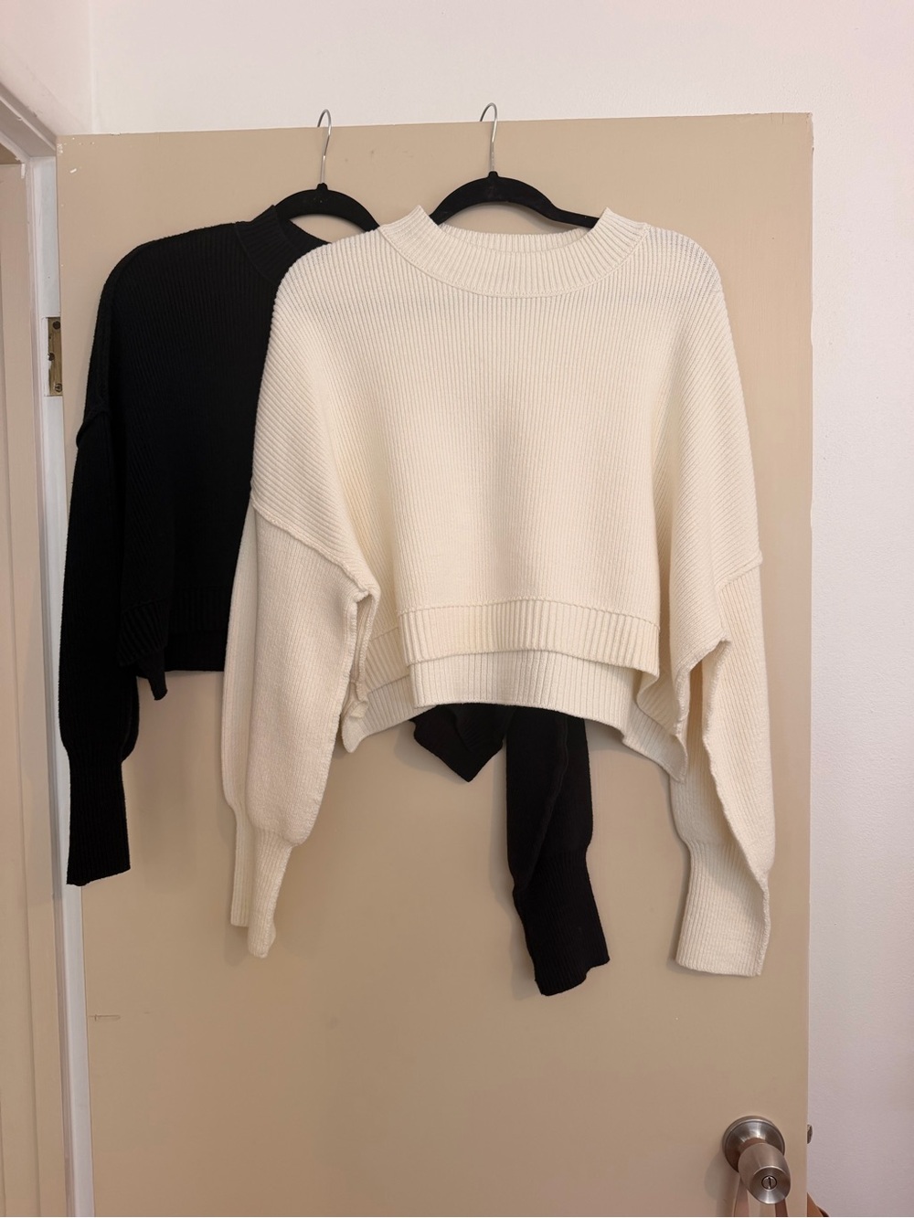 2 Free People Cropped Crewneck Sweaters in Cream and Black( easy street crop)